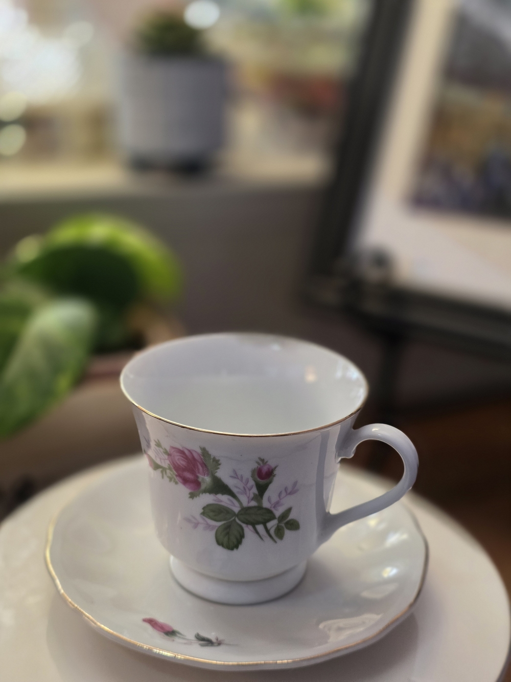 Fine Bone China Rose Teacup and Saucer - White with Pink Rose Plant Not Included